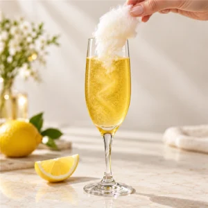 Serving suggestion: a hand adds candyfloss to a glittering golden-yellow cocktail garnished with lemon.