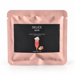 Délice Bar peach-flavoured candyfloss glitter bomb pouch on a light background.