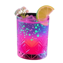 Verre à cocktail rose et bleu effet paillettes lumineuses garni de fleurs et rondelle de citron