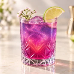 Cocktail violet irisé dans un verre taillé, garni de citron et de fleurs.