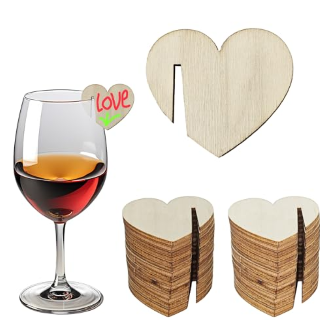 Marque-verres coeur en bois – 50 pièces (mariage, St. Valentin)