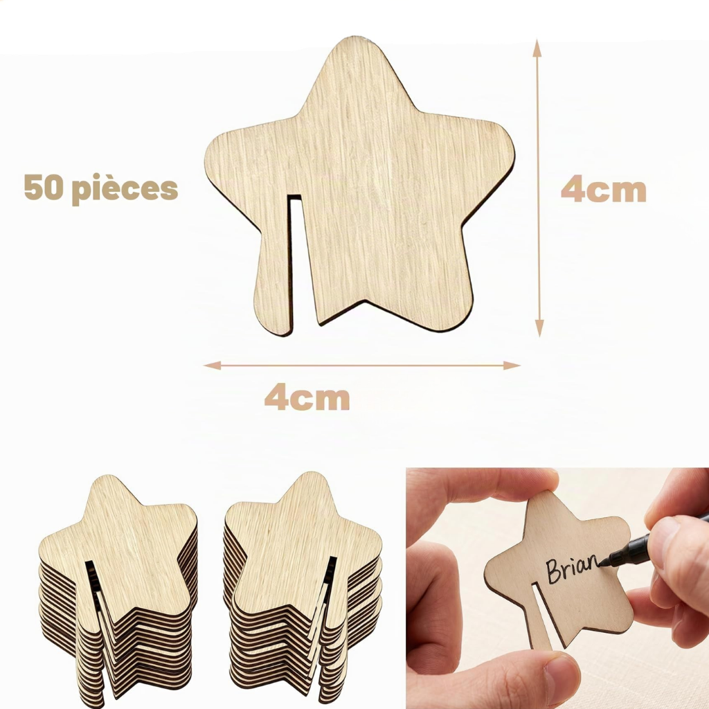 Marque-verres en bois personnalisés avec prénom – 50 pièces
