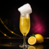Cocktail jaune citron pailleté avec barbe à papa sur fond noir Délice Bar