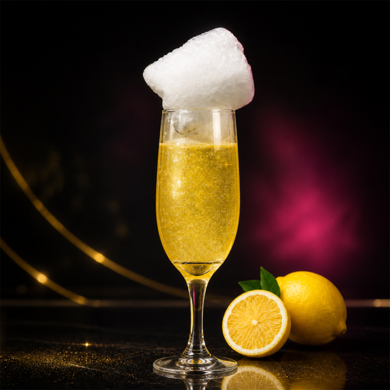 Cocktail jaune citron pailleté avec barbe à papa sur fond noir Délice Bar