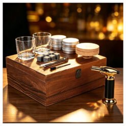 Coffret fumoir luxe en bois brûlé – verres et pierres inox 2