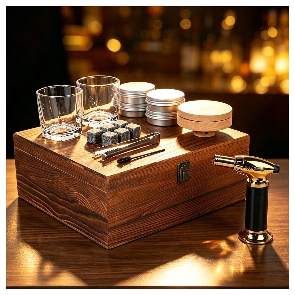 Coffret fumoir en bois – 2 verres et pierres inox
