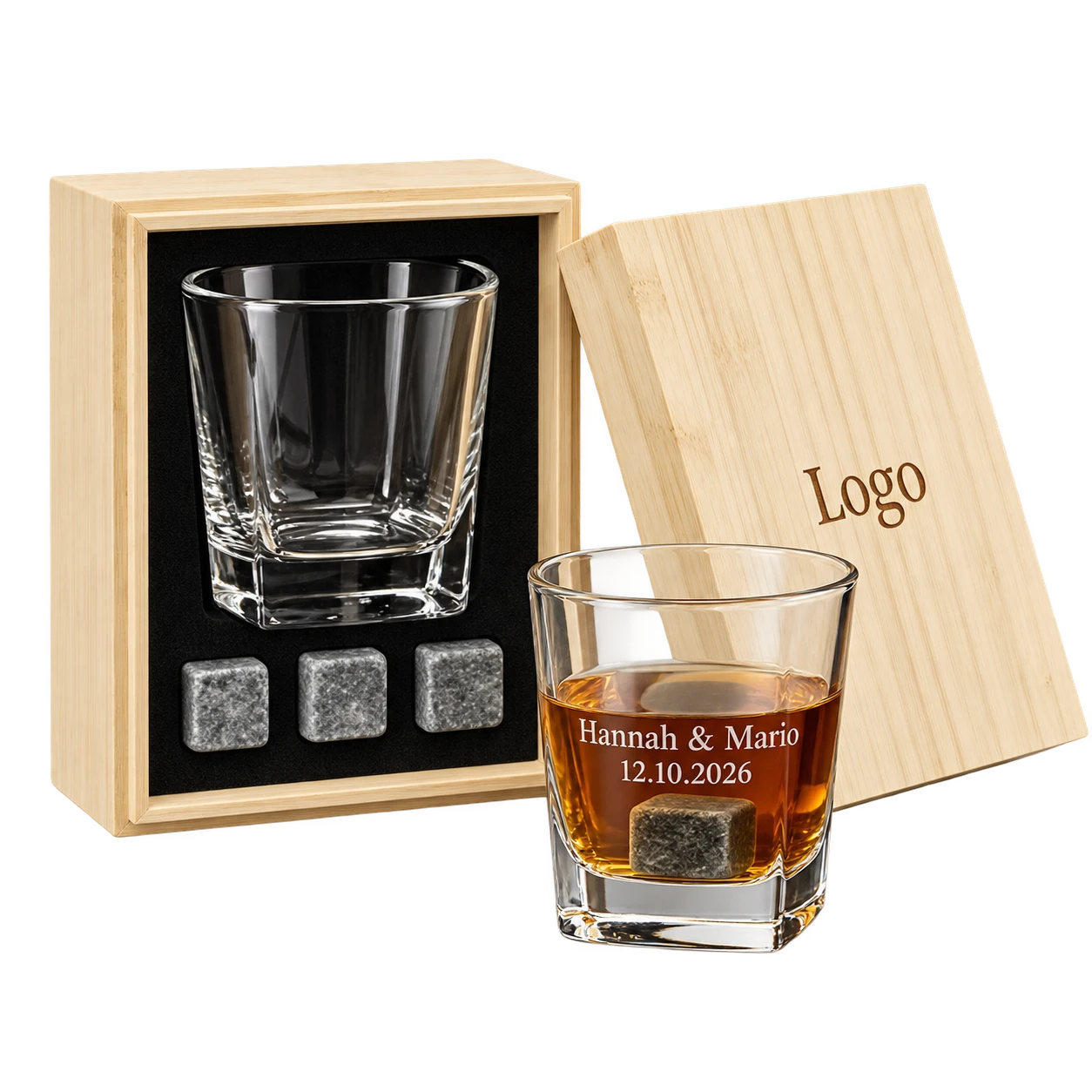 Cofanetto in bambù personalizzato: bicchiere da whisky inciso Hannah & Mario e logo inciso sul cofanetto